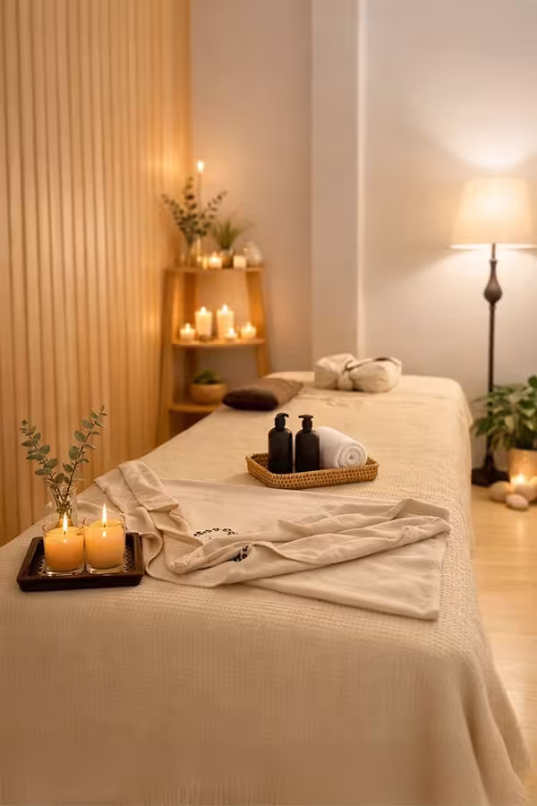 Private massage room with a treatment bed